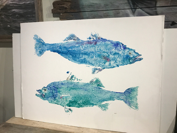 #3 dual striped bass fish print / gyotaku - canvas dry mount  40x30      380