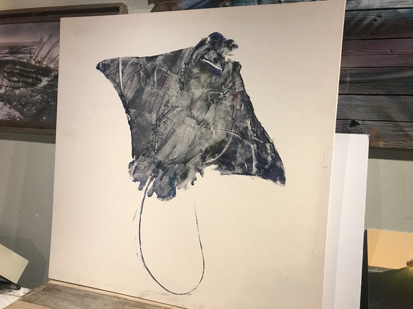 #7 cow nose ray  fish print / gyotaku canvas stretch 48x48 580