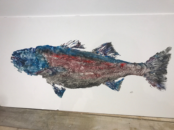 #13 striped bass  fish print / gyotakucanvas dry mount  20x40     380