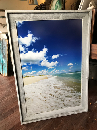 "tranquility/Island Beach" - Tom Lynch photo / metal print  24x36, whitewash reclaimed frame. 580
