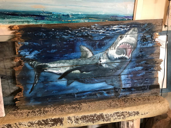 Great White Shark - Gregg Hinlicky oil on  reclaimed wood