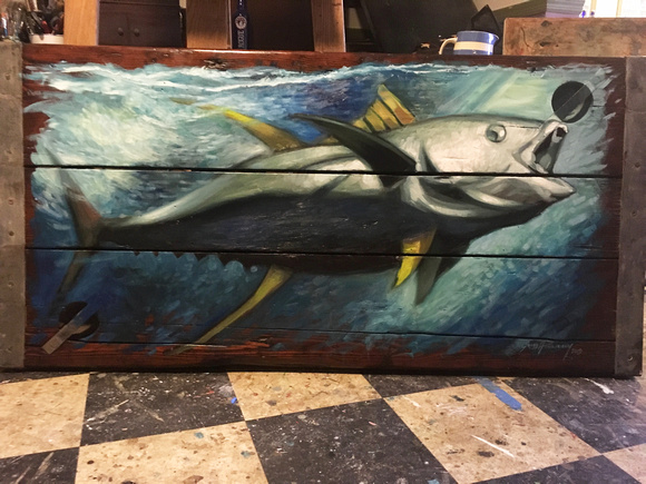 Yellowfin - painting of cover of Anglers Journal on ship door